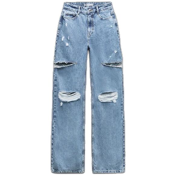 Zara Denim - Zara Blue Denim Straight Leg High Rise Distressed Cut Destructed Jeans Size 4